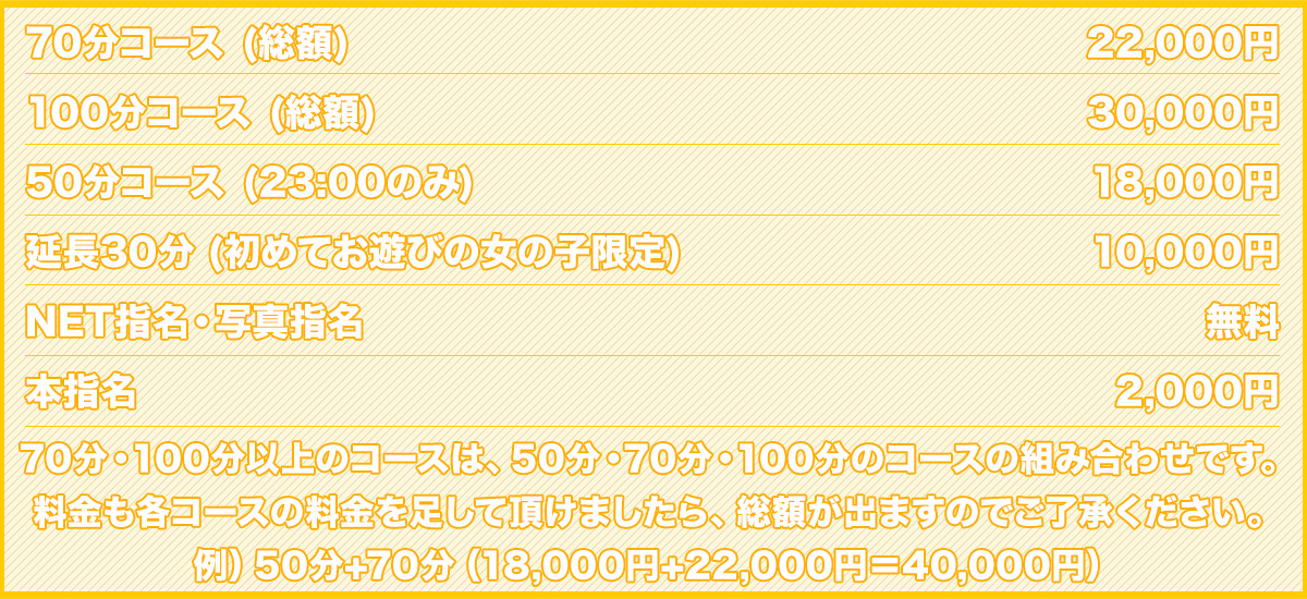 70分コース…22,000円、100分コース…30,000円、50分コース(23時以降のみ)…18,000円、延長30分…10,000円、NET指名・写真指名…無料、本指名…2,000円